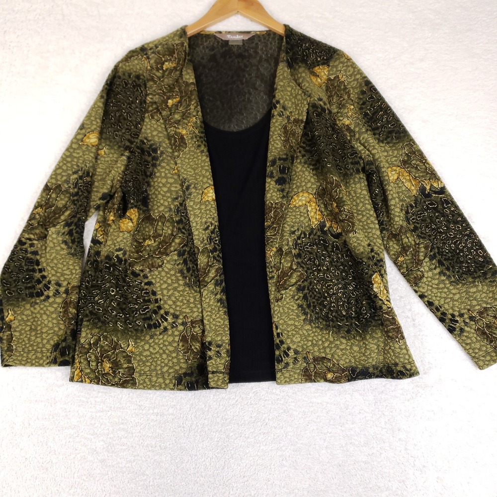 Tanjay Womens Olive Green Gold Metallic Floral Animal Print Jacket Tank Set 2XL